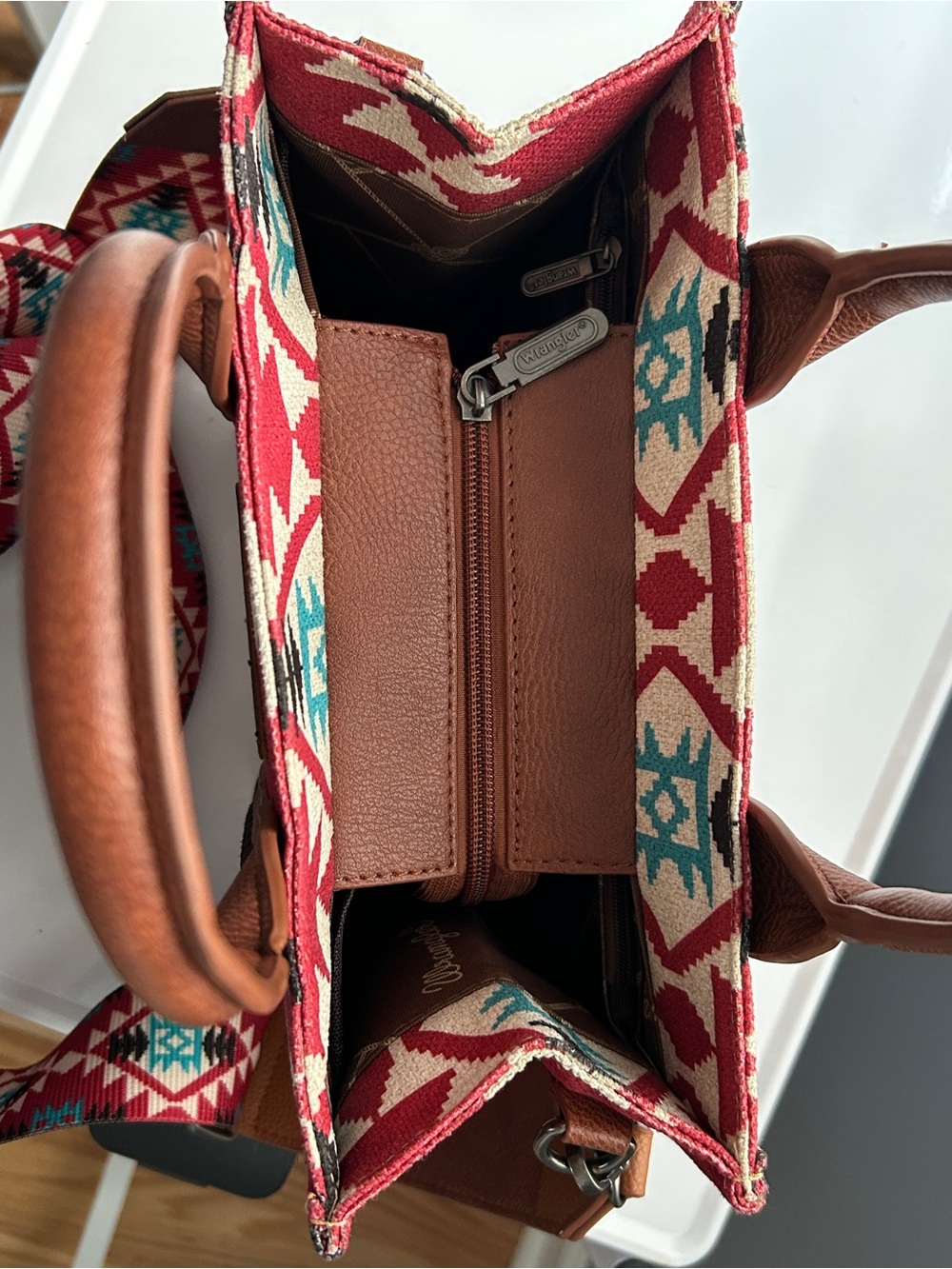 Wrangler Southwestern Aztec Geometric Tote Crossbody Bag Red Teal Guitar Strap - Picture 5 of 9